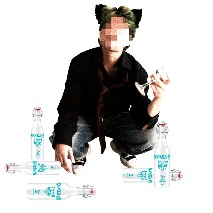 A PNG of Andy Chau with cat ears holding a wine glass drunk with bottles of Drunken Kitty all over.
