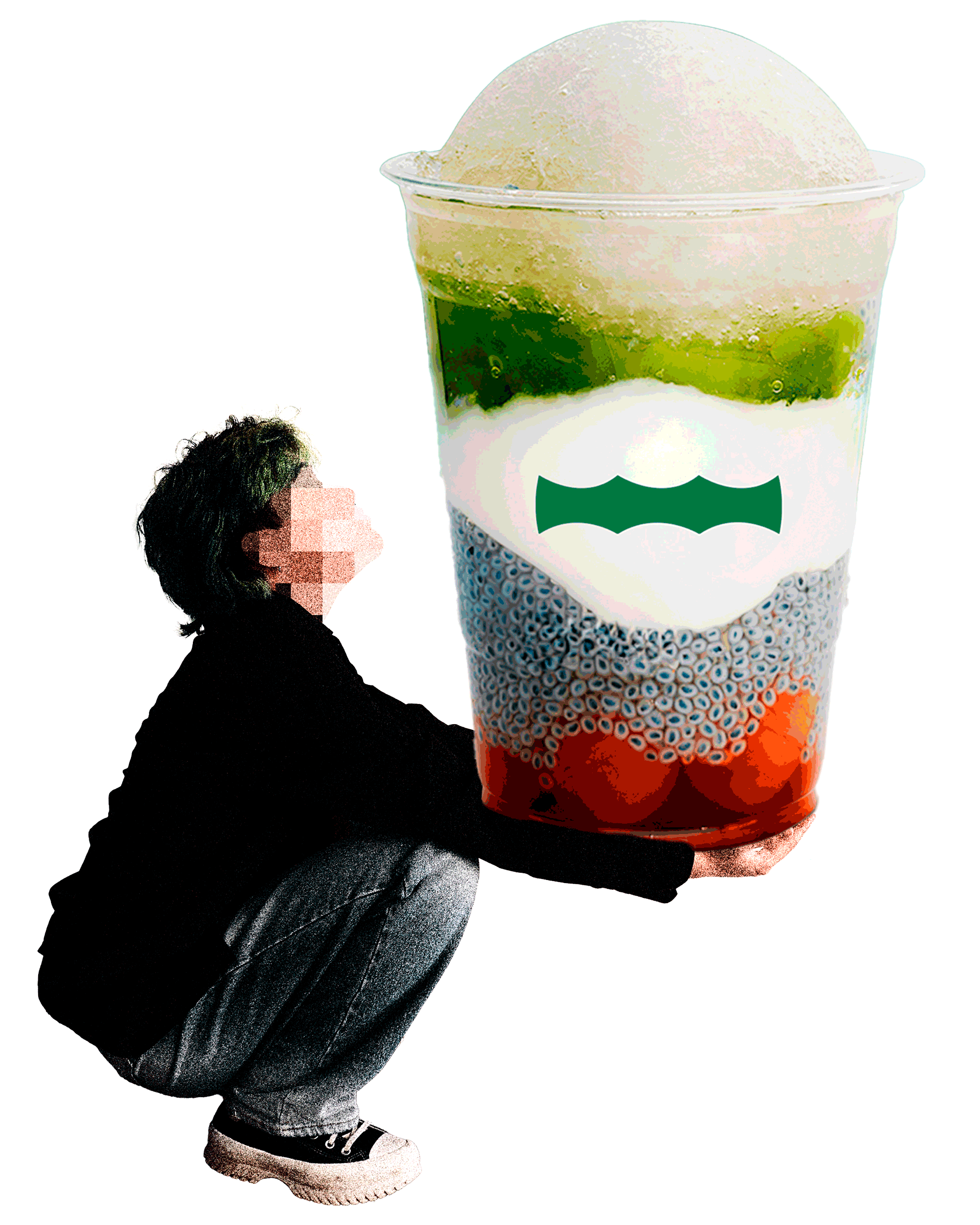 A PNG of Andy Chau squatting and holding a cup of Vietnamese dessert.