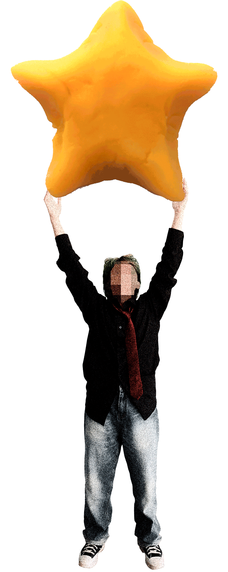 A PNG of Andy Chau standing with his arms in the air, holding a yellow clay star.